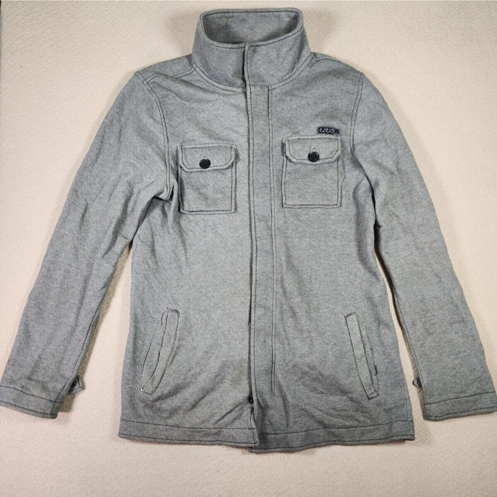 Ezekiel Sweater Mens XL Full Zip Herringbone Knit Collared Gray Cotton Blend EUC
